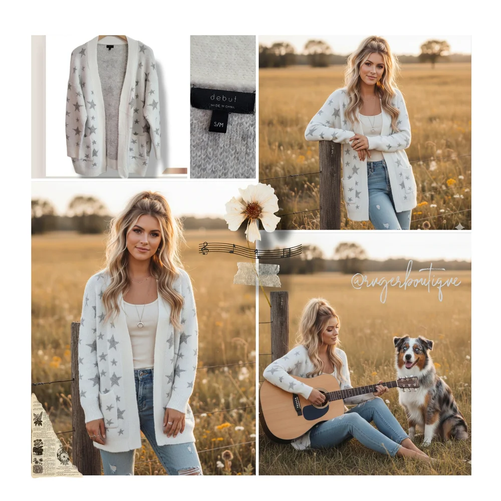 🌿DEBUT Star Fuzzy Cardigan | Oversized S/M | Off-White & Gray Boho Layers - Picture 11 of 13